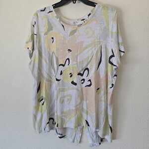 Rachel Zoe 100% Linen Floral Top Women Plus 2XL Beach Back Button Beach Coastal